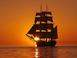 Fototapeta premium Sunset Horizon Serenity Ship Sailing Ocean Waves Reflection Scene Peaceful Beauty