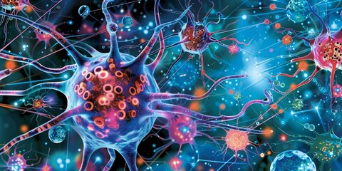 Innovative biotech cell interconnected system illustration, highlighting the collaborative nature of biotechnological research