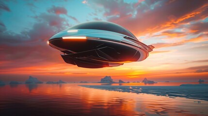 Obraz premium Futuristic car hovering at sunset