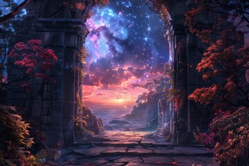 Obraz premium A colorful spiral galaxy with a person standing in the middle of it