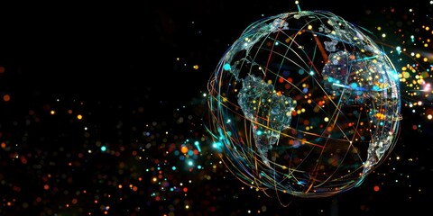 A dazzling globe with bright lines forming a complex network, representing the brilliance of global scientific collaborations and research initiatives