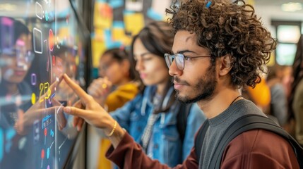 Young professionals interacting with a digital touchscreen interface, collaborating and concentrating in a modern tech environment.