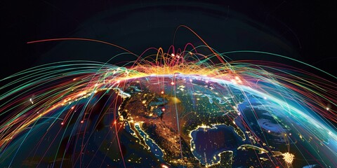 A captivating globe with bright lines marking the routes of international flights, representing the brilliance of global travel and connectivity