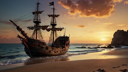 Pirate Ship Beached at Sunset with a Rocky Coastline