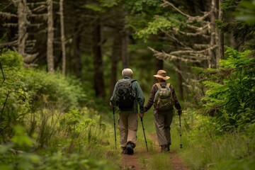 Naklejka premium Senior Couple Enjoying a Scenic Nature Walk in Lush Green Forest