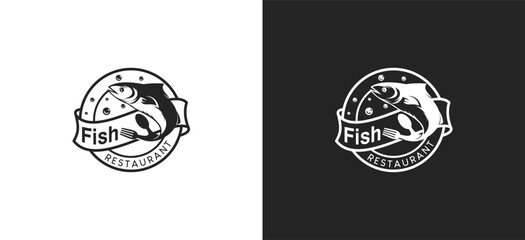 Seafood restaurant logo design template, sea fish symbol vector label with fork spoon tail