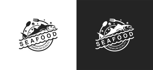 Seafood restaurant logo design template, tuna fish symbol vector label