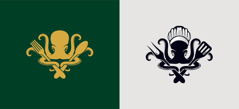 Octopus logo design holding spoon and fork, seafood restaurant bistro logo vector illustration