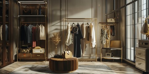 Elegant dressing room display featuring a chic clothing rack with designer dresses, stylish accessories, and a plush velvet ottoman for a luxurious and organized space - Powered by Adobe