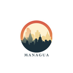 Managua cityscape, gradient vector badge, flat skyline logo, icon. Nicaragua capital city round emblem idea with landmarks and building silhouettes. Isolated graphic
