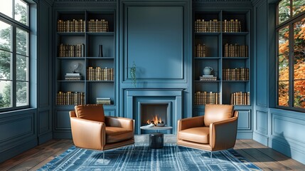 Contemporary Blue and wood Library with fireplace, interior design. Generative AI.
