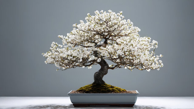 Exquisite snowrose bonsai covered in papery white bracts pristine minimalism luminous highlights stock shot Abstract background