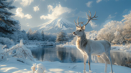 A white stag standing in a snowy landscape with mount Fuji in the background. The stag is happy and confident and playful. Generative AI.