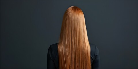 Naklejka premium Woman with long red hair viewed from behind on dark background. Concept Redhead Portrait, Long Hair, Dark Background, Mystery, Elegant Shot
