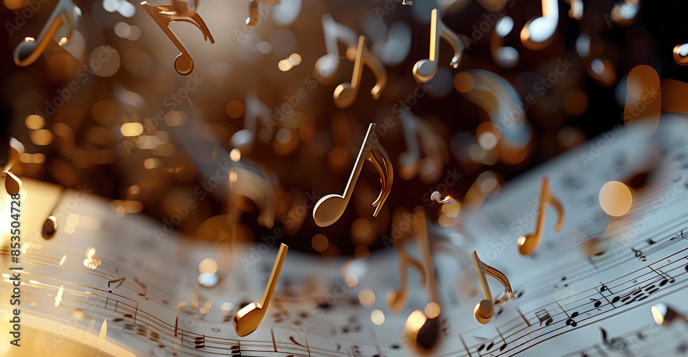 Aufkleber musical notes fly out one by one from a standing sheet of music. generative ai.