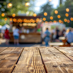 A vintage wooden table stands prominently, adorned with a neat row of twinkling lights that softly illuminate its aged surface. The background is a gentle blur of figures engaged in animated conversa.