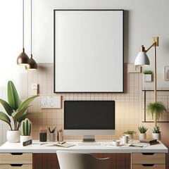 A computer on a desk with poster empty white in work working home style interior set design office home with a plant and a picture frame decoration above it optimized.