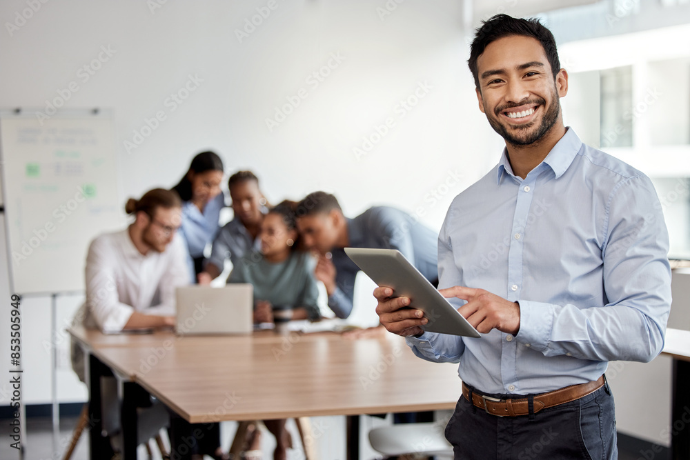 Poster portrait, tablet and man with confidence, smile and online agenda for office teamwork at presentatio