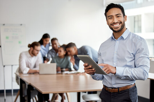 Portrait, tablet and man with confidence, smile and online agenda for office teamwork at presentation. About us, workshop and happy businessman with digital app for project management in meeting room