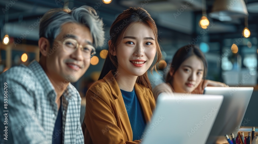 Poster portrait of 3 asian accountants working as a team happily, epic composition. generative ai.