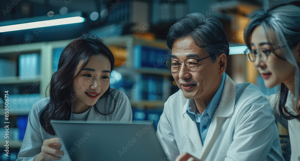 Poster portrait of 3 asian accountants working as a team happily, epic composition. generative ai.