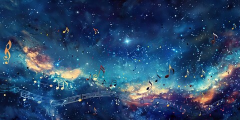 A starry night sky with music notes twinkling among the stars, creating a celestial symphony that echoes through eternity