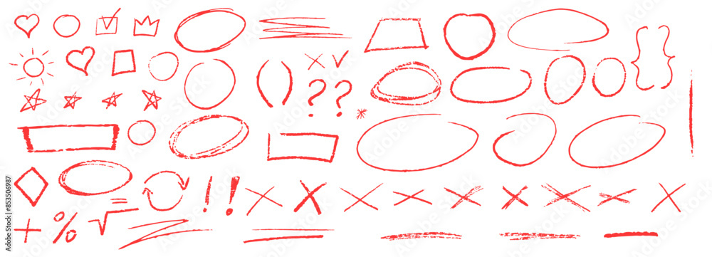 Fototapete red underline pencil hand drawn various ellipses, punctuation marks, direction pointers, arrows, sta
