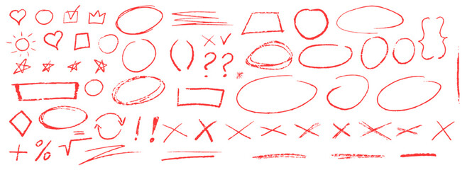 Red underline pencil hand drawn various ellipses, punctuation marks, direction pointers, arrows, stars, question mark and exclamation point. Vector grunge red strike through and underline elements.