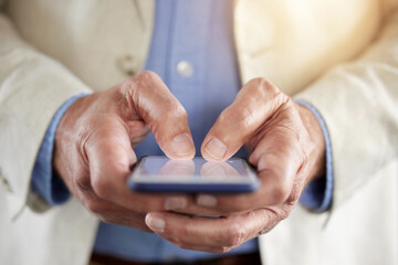 Office, typing and hands of business person with phone for communication, contact or b2b networking. Professional, corporate and closeup of worker on smartphone for internet, website and social media
