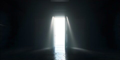 Illuminated Basement Scene with Open Door in Smoky Darkness. Concept Basement Scene, Open Door, Smoky Darkness, Illuminated Setting