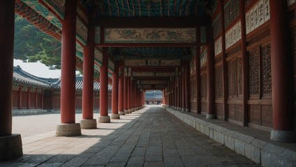 corridor between traditional architectures in gyeongbokgung, Kor.