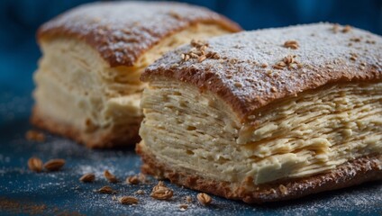 Lithuanian sakotis or raguolis traditional spit cake blue background side view.