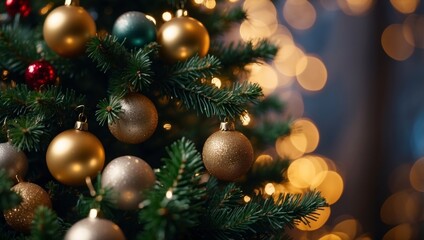 Merry Christmas and Happy New Year Festive bright beautiful background Decorated Christmas tree on blurred background de-focused lights, gold bokeh.