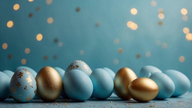 Light blue easter background with gift boxes, gold eggs, and space for text or elements.