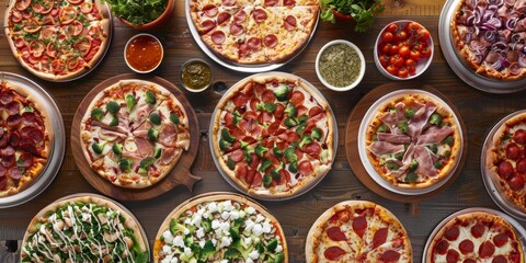 Fototapeta premium An aerial view of a pizza paradise spread, with colorful pizzas topped with fresh vegetables, meats, and cheeses on rustic wooden tables