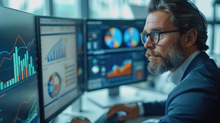 Modern office environment with a focus on data science and tax optimization. a professional-looking data scientist working on a computer with multiple monitors displaying complex data. Generative AI.