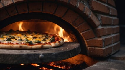 Pizza in the traditional pizza oven with a wood fire Close up of hot cooking.