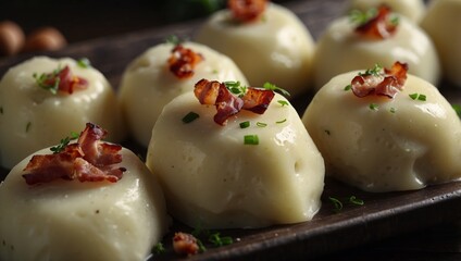 potato dumplings with sheep cheese and bacon, typical slovakian food, slovak gastronomy.