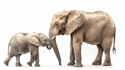 Baby elephant calf is walking near its mother elephant on a white background