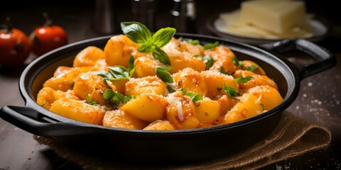 Hearty and Satisfying Traditional Italian Comfort Dish Gnocchi alla Sorrentina. Concept Italian Cuisine, Comfort Food, Gnocchi Recipe, Homemade Pasta, Tomato Sauce