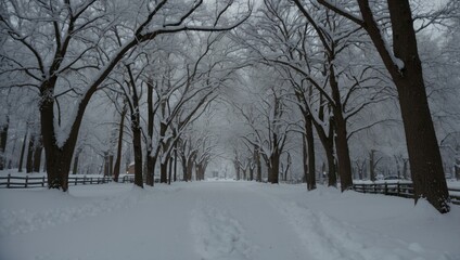 Obraz premium Snow-covered trees and happy holidays text.