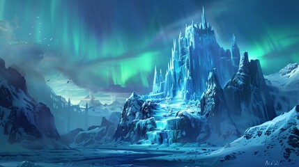 Enchanted ice castle with aurora borealis