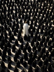 Fototapeta premium A person wearing black from top to bottom stood in the crowd People were dressed in white from top to bottom and it felt like a spiral in a birdseye view Extra wide birds eye view