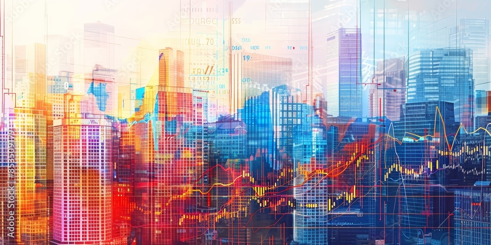 Poster a vibrant cityscape with stock market charts integrated into building facades, symbolizing the omnip