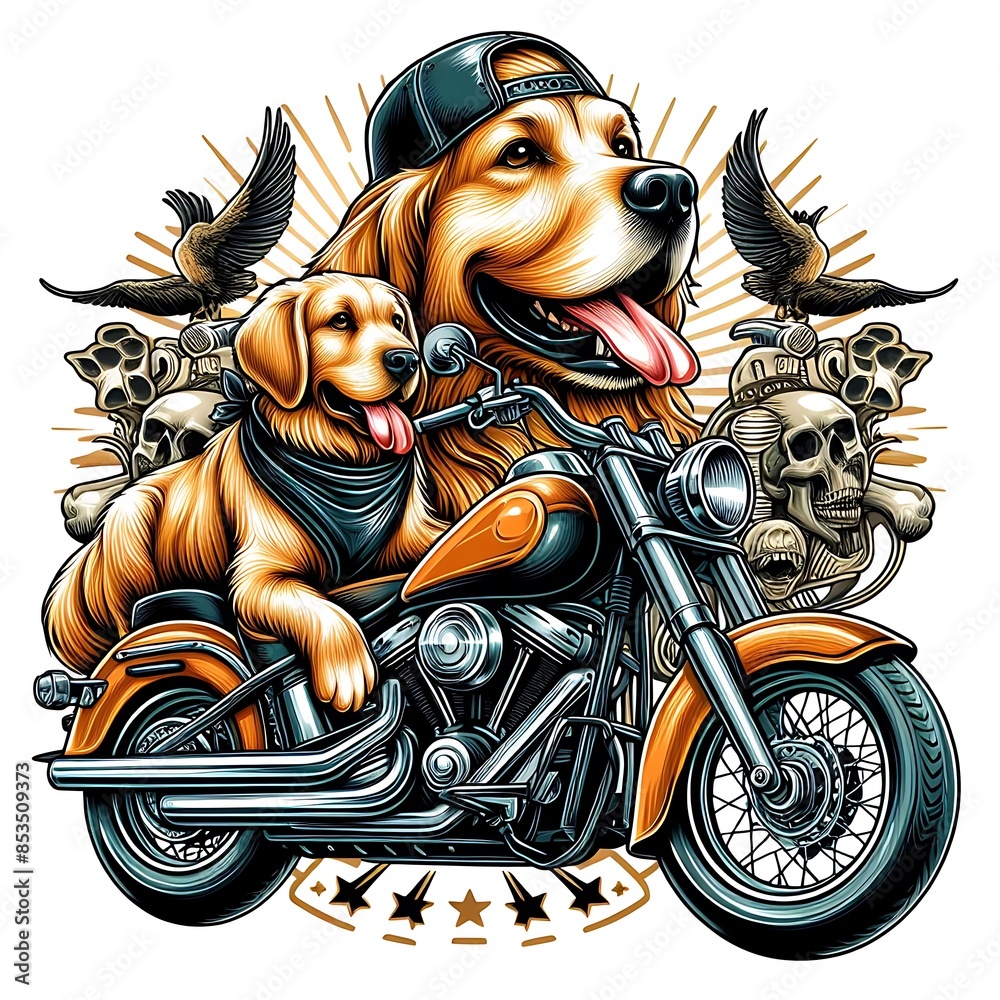 Wall mural A dog design graphic riding a motorcycle Vibrant.