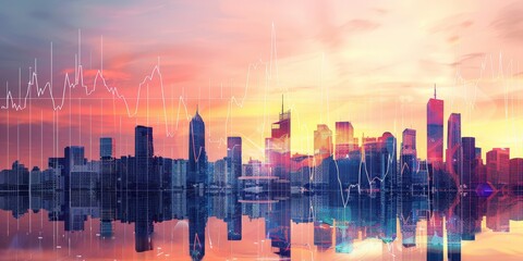A city skyline with a transparent stock market chart overlay, symbolizing the integral role of finance in urban growth and development