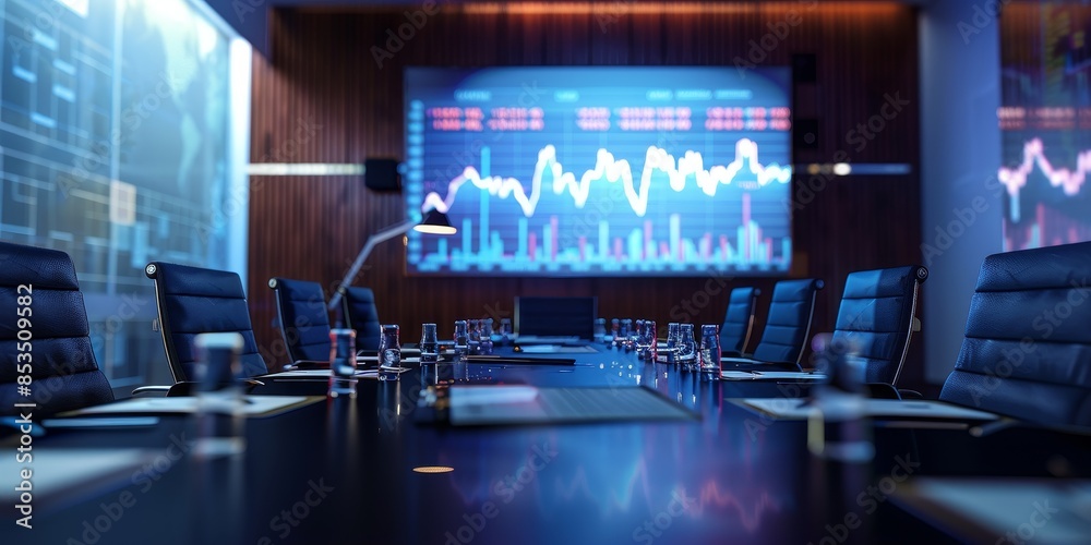 Poster A boardroom meeting with a large stock market chart displayed on a projector screen, showcasing strategic business discussions