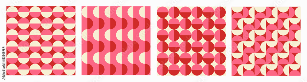 Aufkleber Trendy retro set geometric seamless patterns with colorful semicircles and circles. Modern abstract background. Red, beige and pink colors. Vector illustration