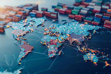 AI and global logistics concept with world map, supply chain network, and container ship for import-export