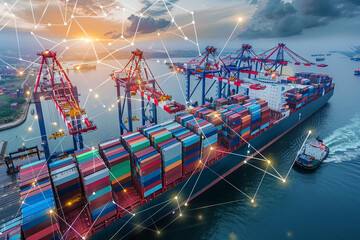 AI and global logistics concept with world map, supply chain network, and container ship for import-export